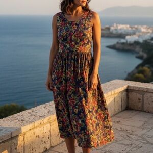 Vintage 80s The Christmas Rose Sleeveless Pleated Midi Dress XS Strawberry Print